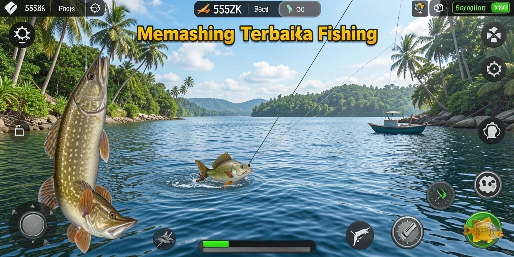 Screenshot 555ZK menampilkan serunya menangkap ikan di lokasi yang indah.