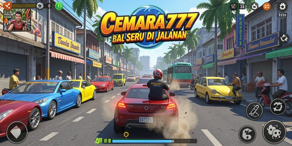 Tampilan gameplay menegangkan CEMARA777 dengan mobil balap melaju kencang.