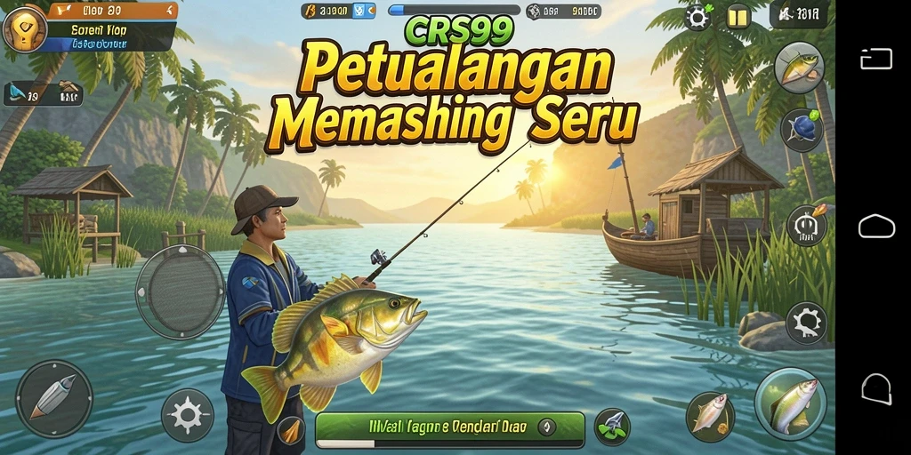 Gameplay CRS99 dengan pemain menangkap ikan di danau yang indah.