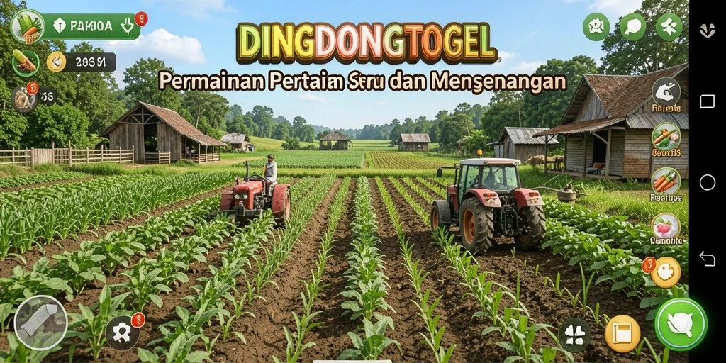 Tampilan gameplay DINGDONGTOGEL menampilkan kebun yang subur dan hewan ternak.