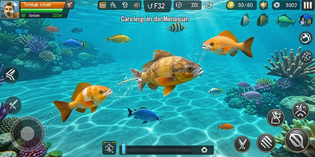 Gameplay F32 menembak ikan dengan grafis menarik dan efek suara.