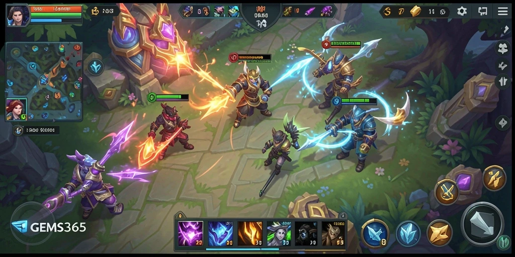 Gameplay seru di GEMS365 dengan aksi MOBA yang mendebarkan.