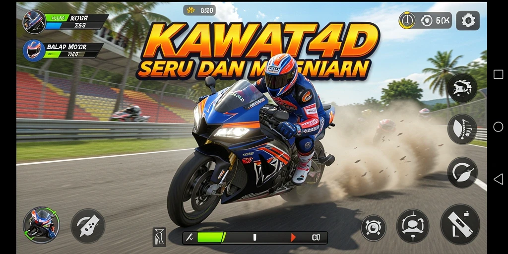 Screenshot gameplay KAWAT4D menunjukkan balapan motor yang mendebarkan.