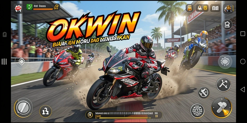 Tangkapan layar gameplay OKWIN menampilkan aksi balap motor yang seru dan dinamis.