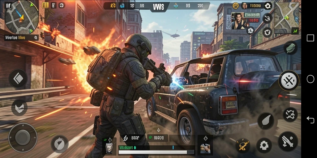Tangkapan layar menunjukkan aksi intens di dalam game FPS.