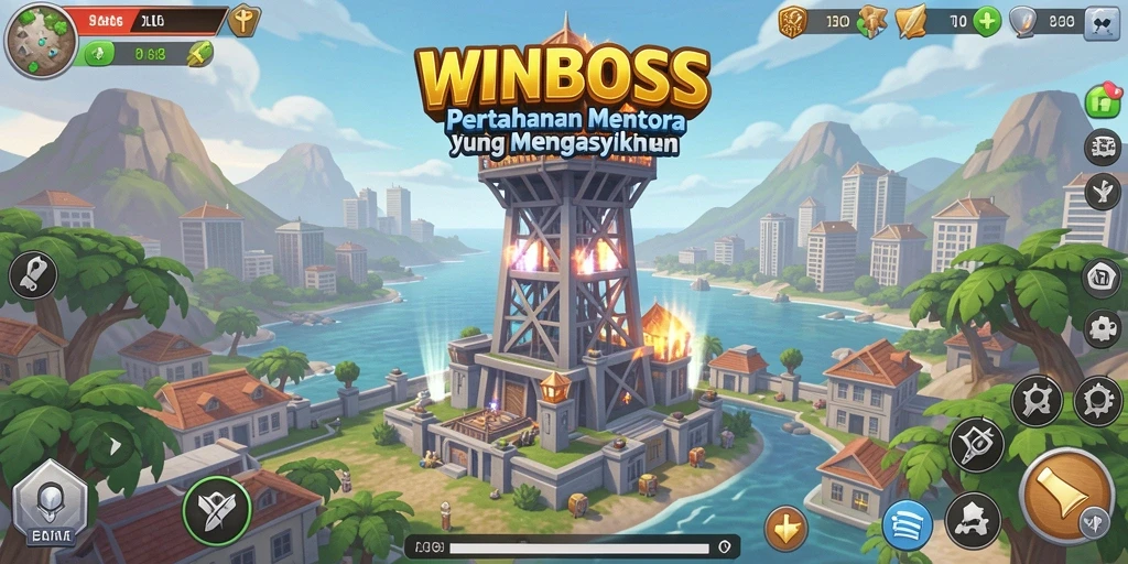 Tangkapan layar gameplay WINBOSS yang menampilkan pertahanan menara yang strategis.
